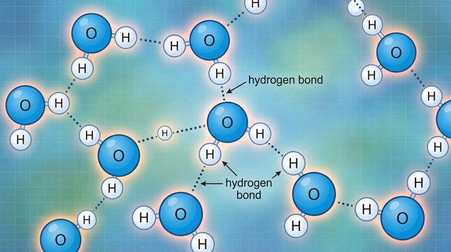 Diagram of water molecules showing oxygen and hydrogen atoms connected by hydrogen bonds.