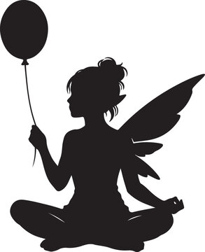 Meditating Elf Girl Silhouette with Balloon Stock Vector