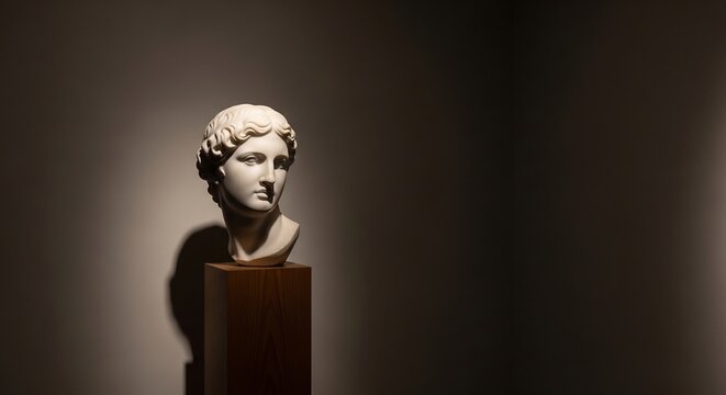 Classical Marble Bust of a Young Man in Dramatic Spotlight.