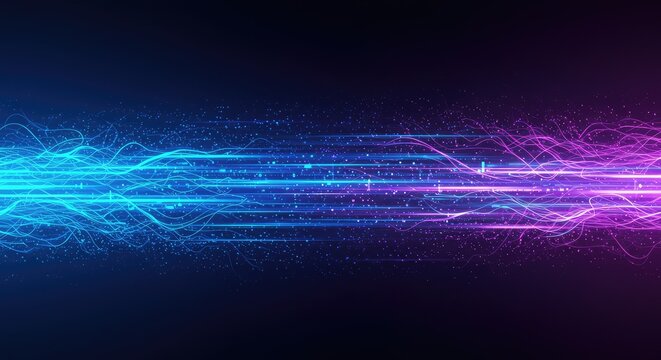 Dynamic abstract digital technology backdrop showing high-speed data flow and energy transmission lines in blue and purple tones, visualization, dynamic, motion