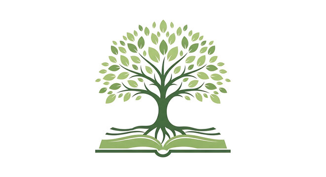 Tree growing out of open book, symbolizing knowledge and education
