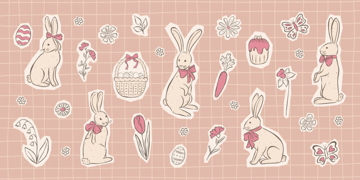 Springtime stickers set with bunnies, flowers, eggs, butterflies for Happy Easter. Hand drawn elements in sketch style with papercut and pencil effect. For card, poster, invitation, social media