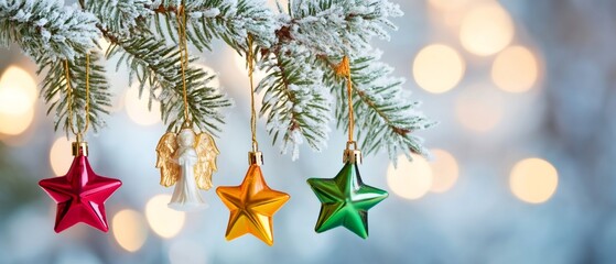 Obraz premium Holiday ornaments hanging on snowy christmas tree branch