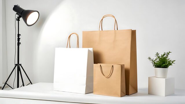 A group of paper bags on a white table
