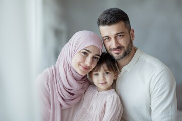 Fototapeta premium arab parents posing with little daughter smiling together at home family portrait