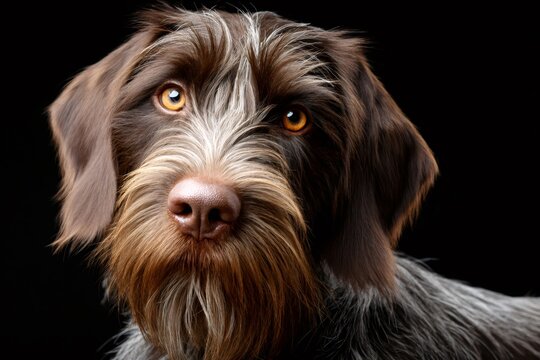 German wirehaired pointer dog portrait on black background
