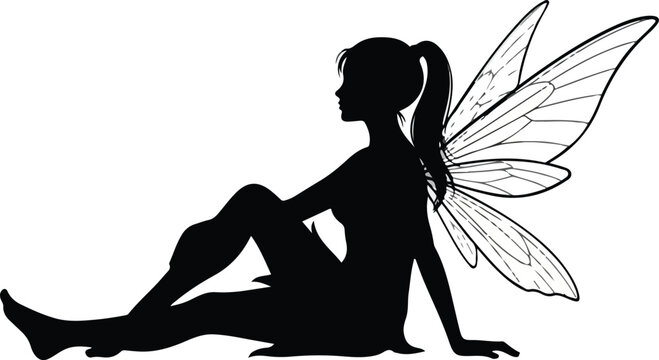 Beautiful Fairy Silhouette Sitting with Detailed Butterfly Wings