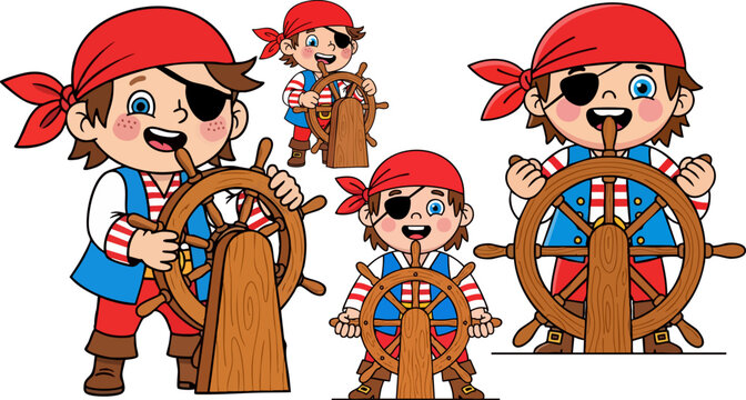 Cartoon pirate boy character set, little sailor steering ship wheel, cute buccaneer child with eye patch and red bandana, flat vector illustration