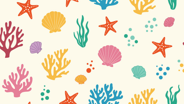 Colorful seamless pattern of diverse sea shells, starfish, corals, and seaweed on a warm cream background for coastal decor.