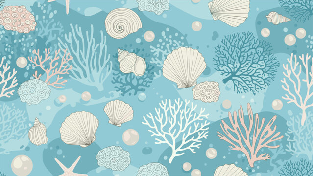 Detailed seamless pattern of sea shells, corals, and pearls on a tranquil blue underwater background for ocean theme.