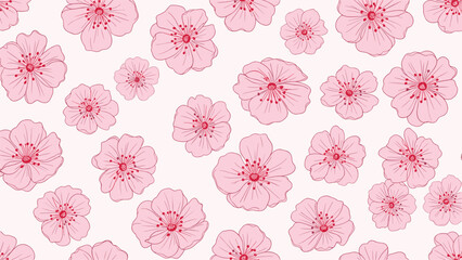 Fototapeta premium Delicate pattern of pink cherry blossom flowers with detailed petals is scattered across a soft pale pink background for a floral theme.