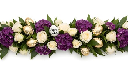 Obraz premium Whimsical spring garden garland with wildflowers, bluebells, and porcelain eggs on a white background. PNG isolated.