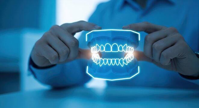 Professional hands manipulating virtual dental jaw model, blurred clinic, neon blue, dentistry tech, shallow depth, sharp stock image.