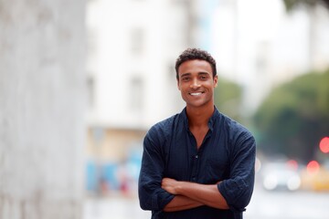 Fototapeta premium young brazilian man standing on city sidewalk smiling friendly portrait
