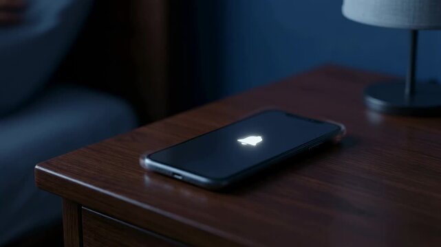 Mobile phone placed on a wooden nightstand is charging as it reflects a soft light. The scene shows a lamp and a cozy bedroom setting suitable for home or technology-related projects