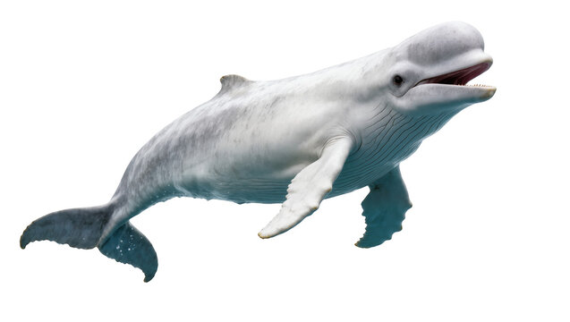 Captivating profile of a beluga whale swimming gently with open mouth and textured skin