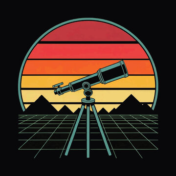 80s Vaporwave Telescope Grid Sunset T-Shirt Vector Design