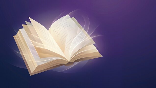 어두운 배경 위로 빛을 발하며 펼쳐진 책이 지식과 영감을 상징하는 디지털 그래픽.