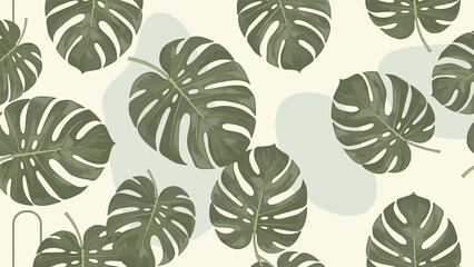 Fototapeta premium Tropical seamless pattern showcases large green monstera deliciosa leaves with abstract shapes on a warm off-white background.