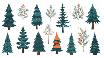 Obraz premium Diverse collection of evergreen and deciduous tree illustrations showcases various shapes and colors for a forest or park scene.