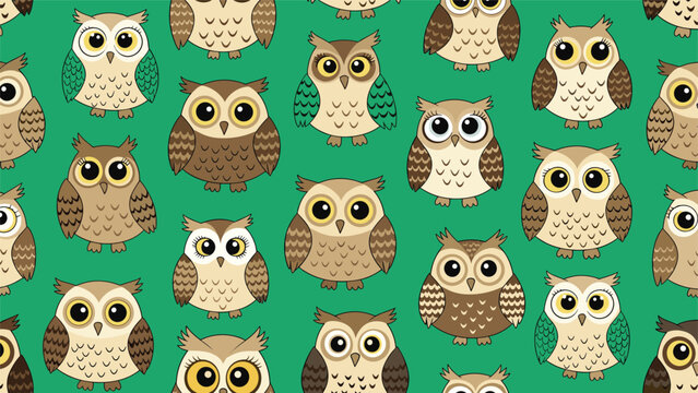 Whimsical seamless pattern presents a variety of cute cartoon owl characters with different feather patterns on a green background.