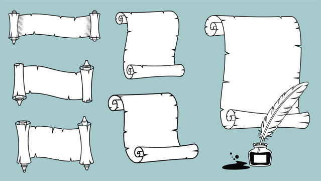 Set of vintage blank scrolls of paper in different sizes with a feather quill pen and an inkwell for a historical theme.