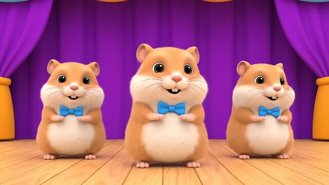 Three cartoon hamsters sing a capella with purple curtains, wearing bowties, in cartoon style, on stage, performing on light wood stage.