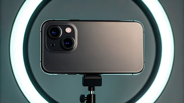 A smartphone on a tripod in front of a ring light
