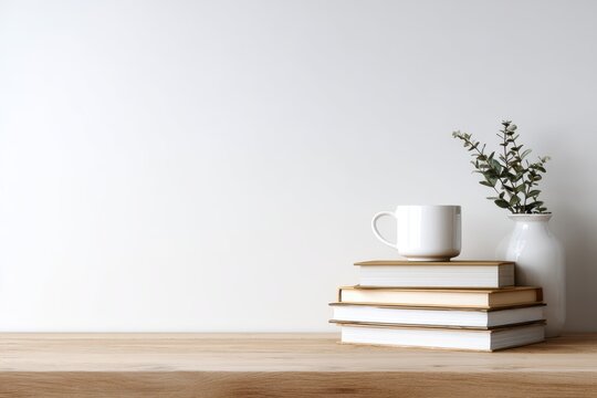 office desk workspace with books supplies white wall minimal background
