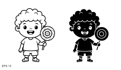 Fototapeta premium Boy with Lollipop Icon – Child Candy Pictogram Outline and Filled Style Vector
