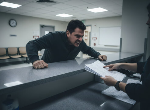 Angry man shouting at woman receptionist at hospital check in desk. Frustrated patient expressing aggression and rage during medical appointment. Conflict and stress in healthcare service.