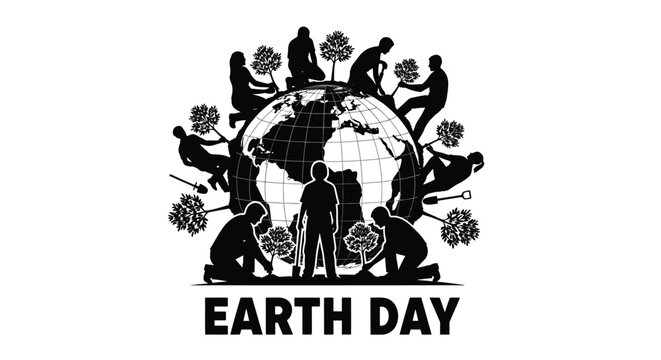 A striking black and white silhouette illustration captures numerous individuals actively engaged in planting trees and caring for the environment, all encircling a prominent globe. This powerful imag