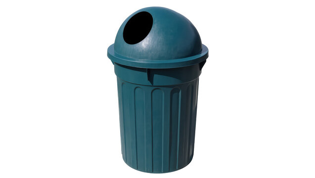 Vibrant teal refuse bin with a domed lid and convenient circular opening for public use