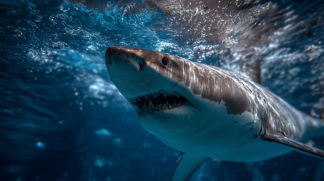Great White Shark Swimming Underwater with Motion and Water Splash in Dynamic Ocean Scene