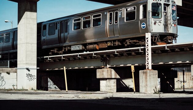 Traveling stainless-steel MBTA subway car moving on elevated tracks above industrial lot, graffiti