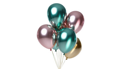 Glossy chrome party balloons in teal, rose gold, and metallic gold for festive decor © Ines