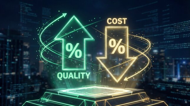 Futuristic hologram showing quality increase and cost reduction arrows for business optimization, technology background