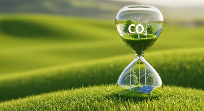 Hourglass with CO2 and Green Energy Symbolizes Urgent Need for Carbon Reduction and Sustainable Environmental Solutions