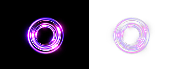 purple neon glowing rings, abstract light circles, futuristic energy halos, vibrant luminous round frames © vikusandra