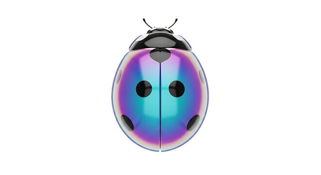 A vibrant iridescent ladybug with a shiny elytra displays its colorful spots on a plain background.