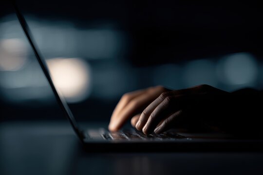 developer typing code on laptop at night ai programming dashboard interface concept