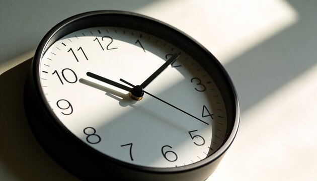 Lying analog clock black-framed showing hands, numbers under angled sun on table casting shadows