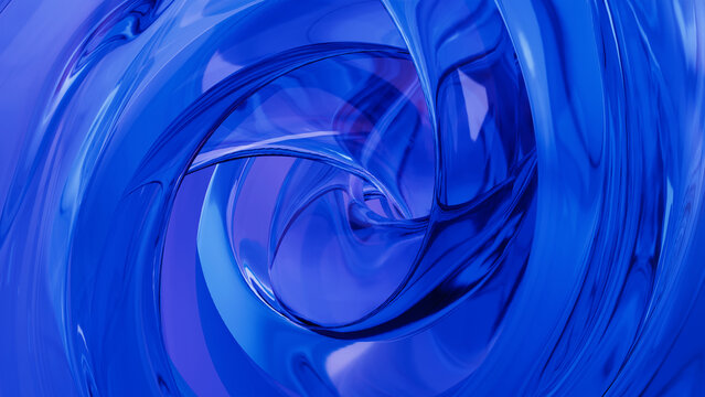 Liquid glass 3d blue background with abstract wave. Backdrop for cosmetic products, perfume, gadgets, jewelry, hi-tech. Semi-transparent deep blue material with glossy surface, bright reflections.