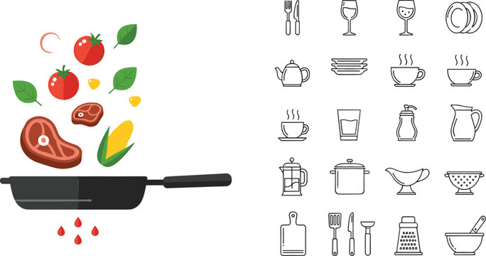 Cooking concept with frying pan and ingredients plus kitchen utensil icons set, vector illustration of food preparation and culinary tools in flat and outline style