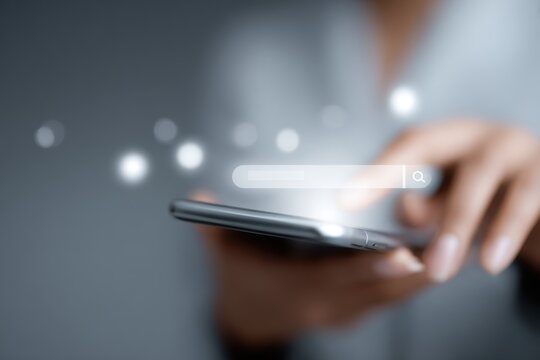 woman hand using smartphone search interface with digital AI icons floating, search engine optimization and machine learning technology concept