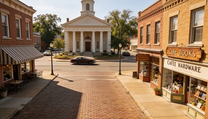 Fototapeta premium Anchoring white classical civic building holding square focus at brick crosswalk, car moving