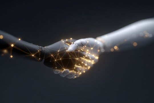 human and robot handshake surrounded by glowing network connections, future of work and artificial intelligence partnership concept