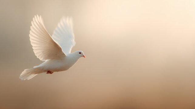 White dove flying over sunrise sky, soft golden light, global peace and hope concept, cinematic atmosphere