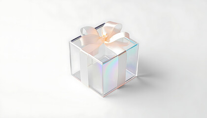 Obraz premium Transparent Iridescent Gift Box with Ribbon Bow Isolated on White Background