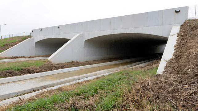 Modern concrete underpasses with arch design and earthen slopes, featuring water channels. Infrastructure for wildlife corridor or agriculture beneath road